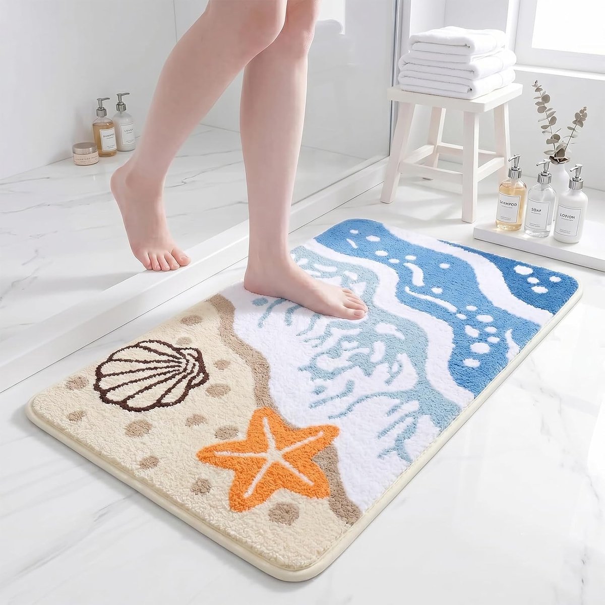 SnelShoppen - Badkamerkleed Kust Badmat met Oceaangolven, Zeester Schelp Stranddesign, Zacht Microvezel Antislip Wasbaar voor Badkamer, 60x90cm, Donke