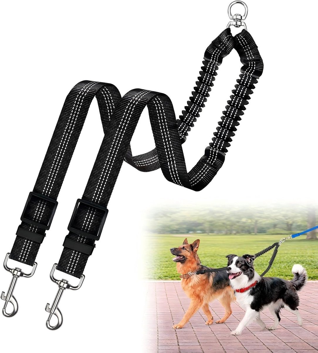 SnelShoppen - Dubbele Hondenriem voor 2 Honden, Instelbare 1m Lange Hondenriem in Zwart voor Kleine en Middelgrote Honden, 360 Graden Beweging, Perfec