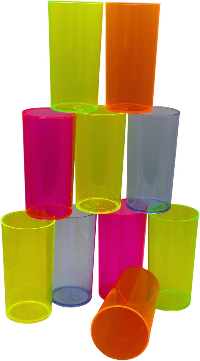 SnelShoppen - UV FLOOR - 10 Herbruikbare en Wasbare Plastic Glazen, Neon Mix, 29 cl voor Feest, Camping, Tuin, Kinderen