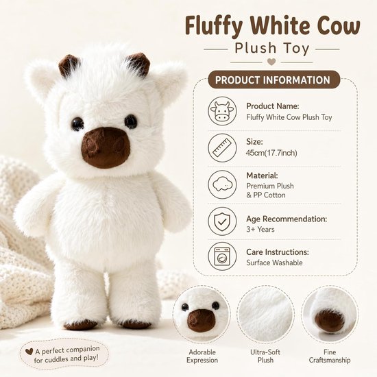 SnelShoppen - Grote Pluche Koe 45 cm, Zachte Knuffel voor Kinderen, Wit en Beige, Perfect als Cadeau, Cuddle Toy voor Jongens en Meisjes, Oppervlakte van Snelshoppen — afbeelding 2