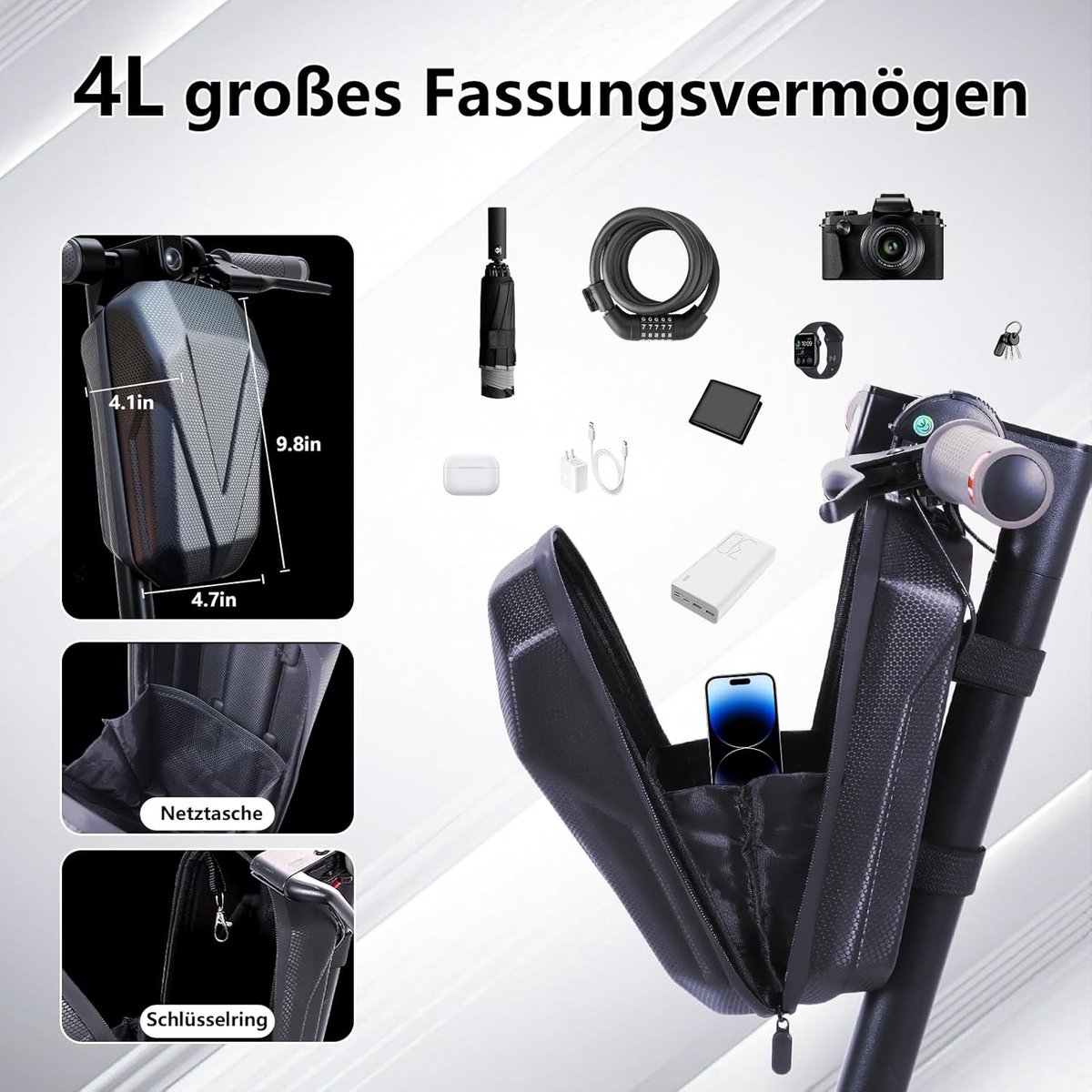 SnelShoppen - E-Scooter Bag, Handlebar Bag 4L Capaciteit, Waterdicht, EVA Hard Shell, Multi-layer Tyre, Sleutelhanger, Accessoires voor Elektrische Sc