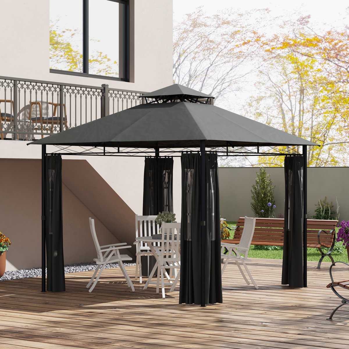 FloraGrace Partytent – 2,95 x 2,95 m – Dubbel Dak – Metaal – Donkergrijs – Paviljoen Voor Tuin En Terras Met Afneembare Zijkanten