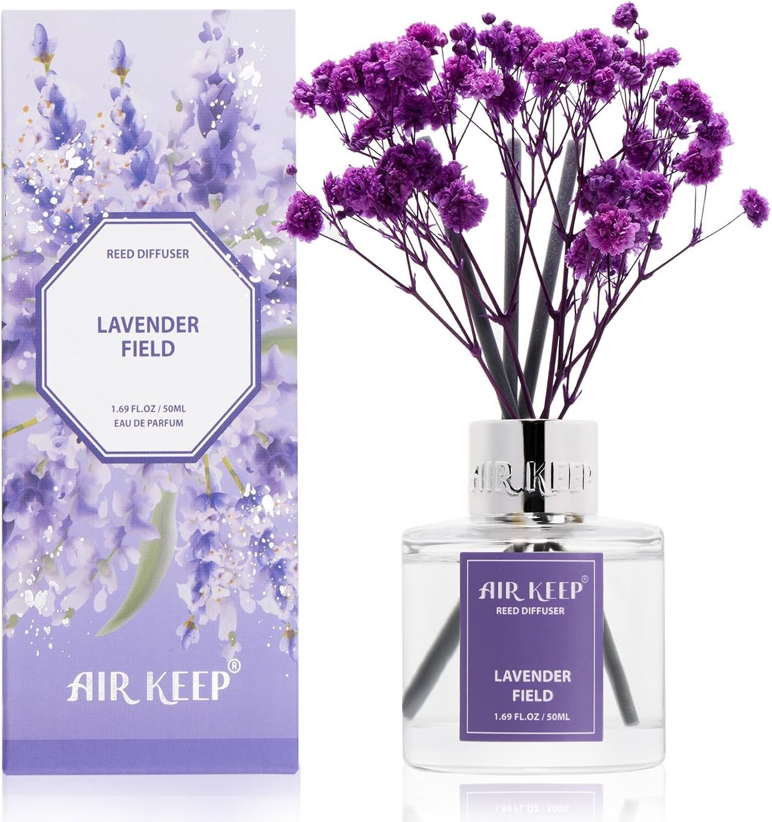 SnelShoppen - Geurende Sticks 50ml - Lavendelveld - Geurstokjes met Gedroogde Bloemen - Luchtverfrisser voor Badkamer, Kleine Ruimtes en Woonkamer - C