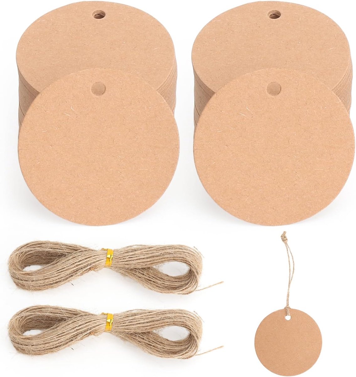 SnelShoppen - 200 Stuks Kraft Papier Labels Rond 5cm met 40m Jute Touw voor Cadeauverpakking, Bruiloften, Handgemaakte Feestjes, Decoratie en Creatiev