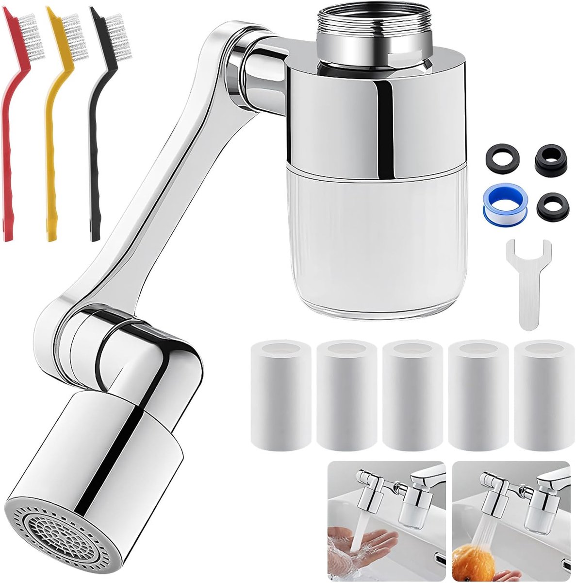 SnelShoppen - 1080° Draaibare Kraanaccessoire met Verstelbare Universele Filterbare Swivel Kraanuitbreiding en 5 Verwisselbare Filterpatronen, Schoonm