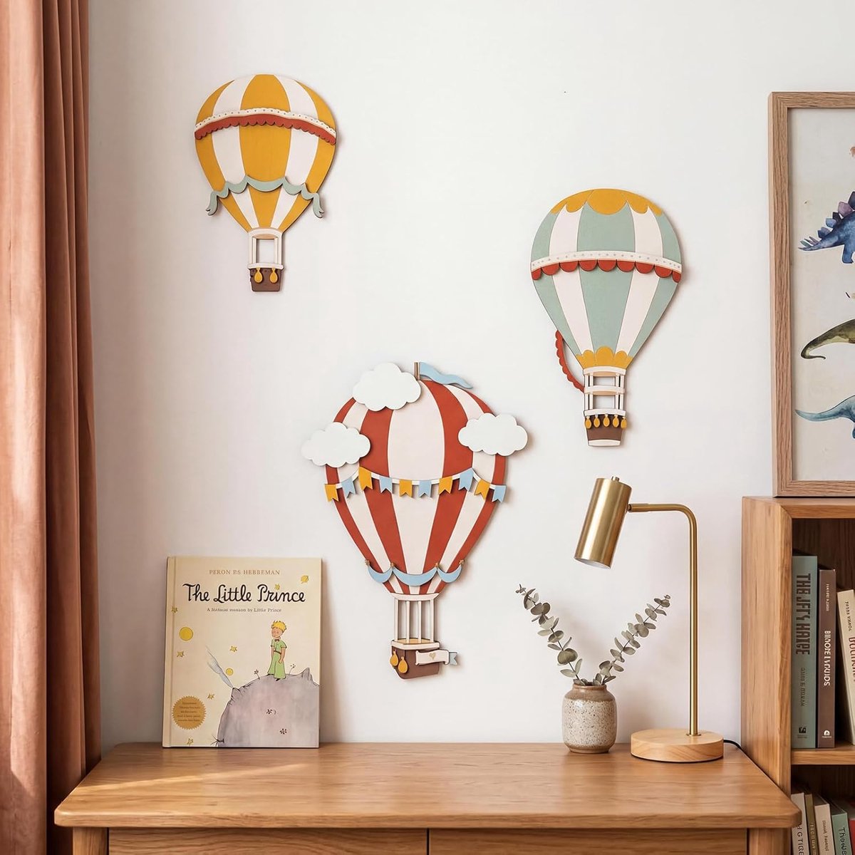 SnelShoppen - 3D Houten Heteluchtballon Wanddecoratie Set - 3-delige Muurkunst met Boho Charme - Licht en Kleurrijk Hout voor Woonkamer en Slaapkamer