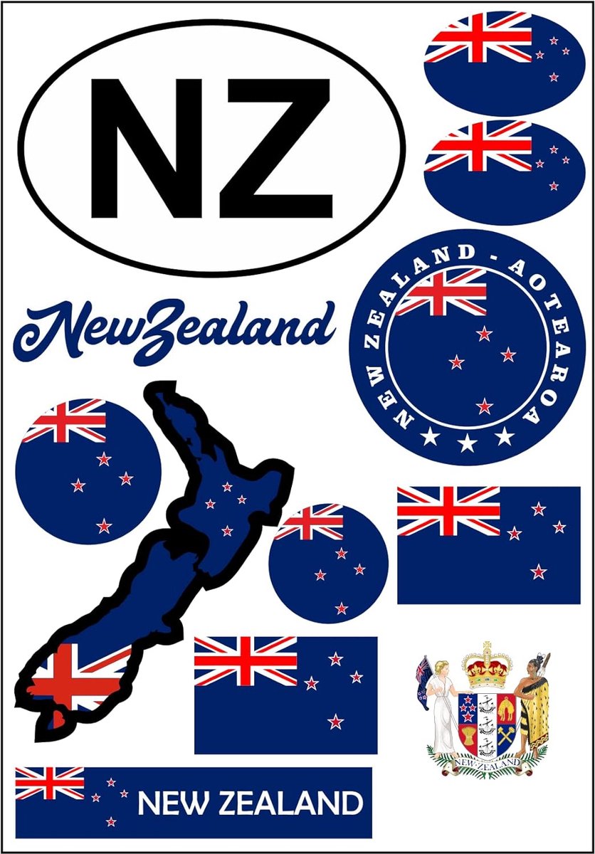 SnelShoppen - New Zealand Sticker Sheet - 11-delige Auto Motor Biker Sticker Set - Waterproof Vinyl - Diverse Maten en Vlaggen - Perfect voor Decorati