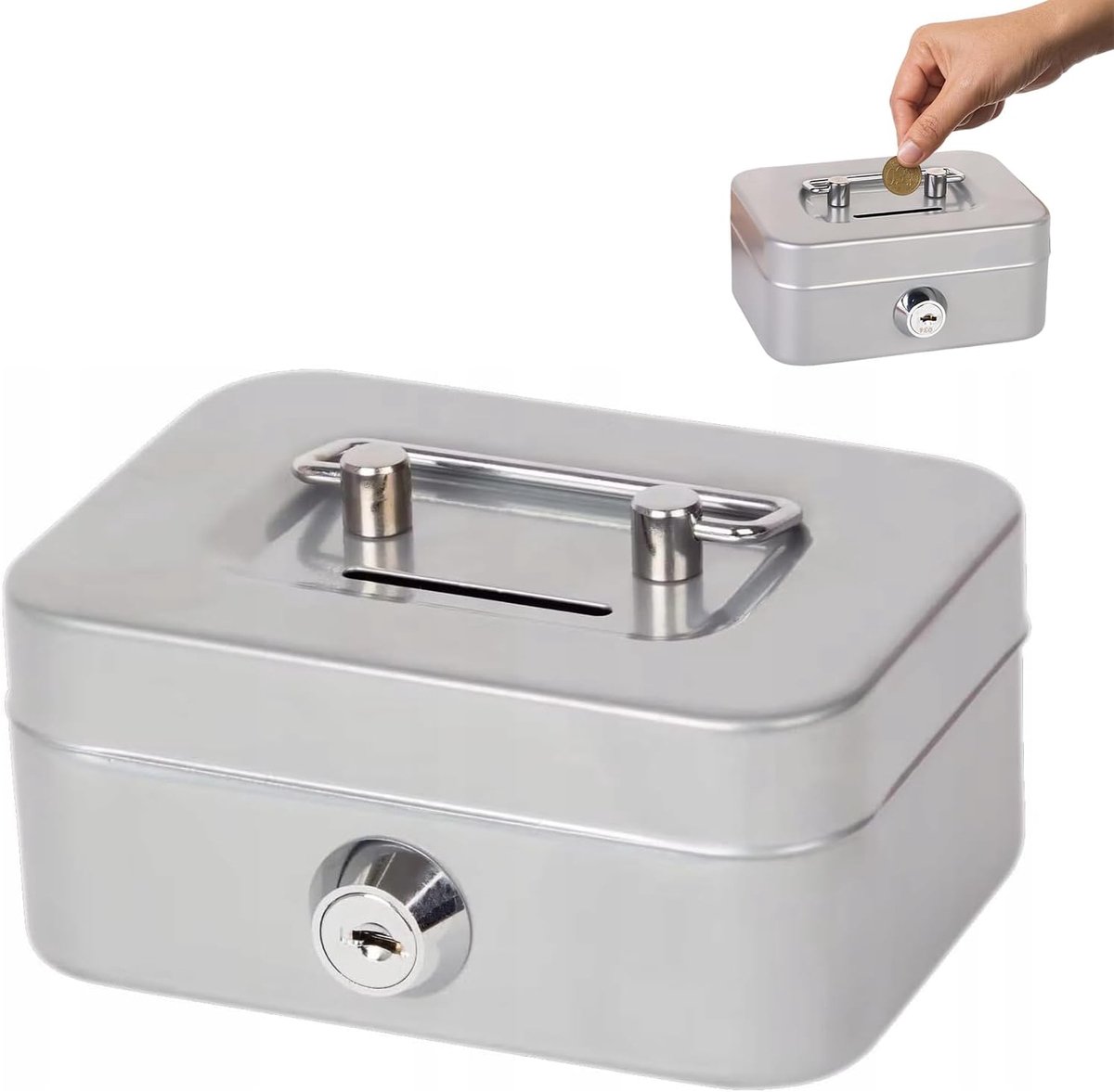 SnelShoppen - Lockable Cash Cassette - Kleine Geldbox met Sleutel en Invoerslot - Veiligheidsbox voor Geld en Waardevolle Spullen - Grijs - Robuust en