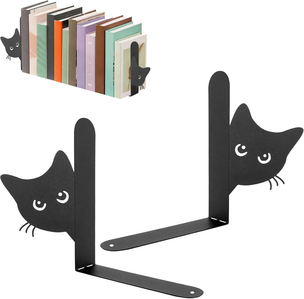 SnelShoppen - Metal Bookends Set van 2 - Zwarte Kat Boeksteunen - Creatieve Metalen Boekhouder met Antislipmat - Decoratieve Boekstopper voor Thuis, K