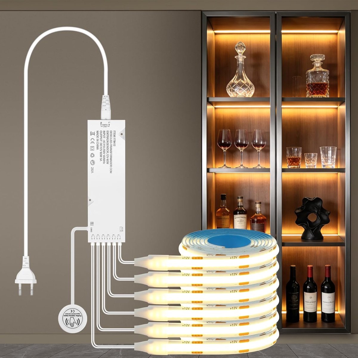 SnelShoppen - Dimmable COB LED Strip Set 1m - Warm Wit 60W - Perfect voor Planken, Geluidspanelen, Kasten, Displaykasten - Eenvoudige Aanraakbediening