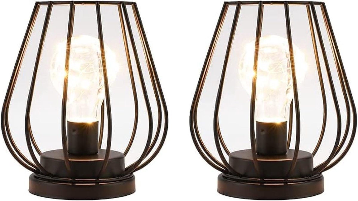 Set van 2 Draadloze Tafel Lampen met Warm Witte Fairy Lights - Mini Kooi Vormige Buitenlam