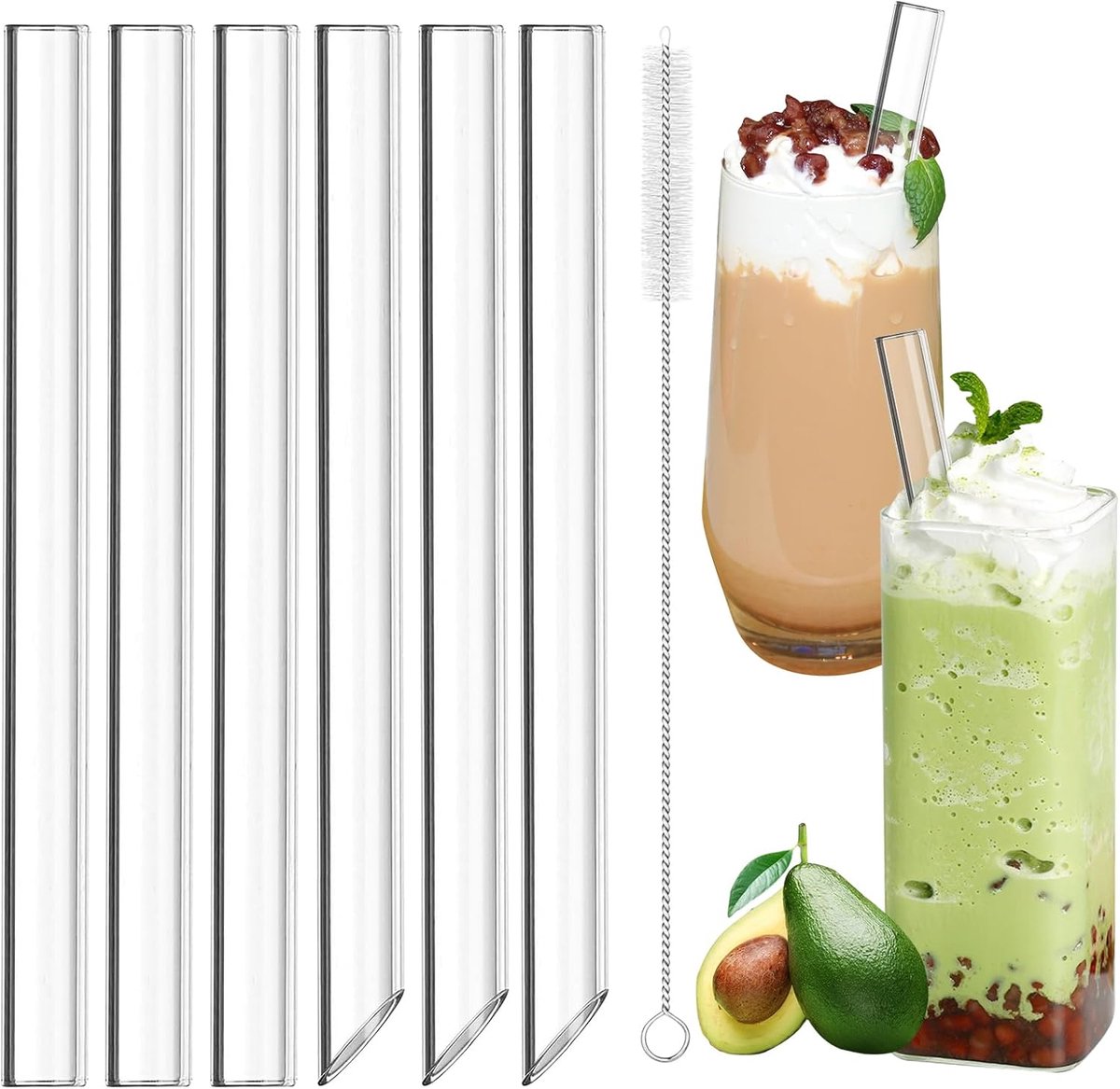 SnelShoppen - 6 stuks Bubble Tea rietjes 14 mm × 21,5 cm - Extra brede herbruikbare glazen rietjes voor cocktails, smoothies, sappen - Inclusief reini