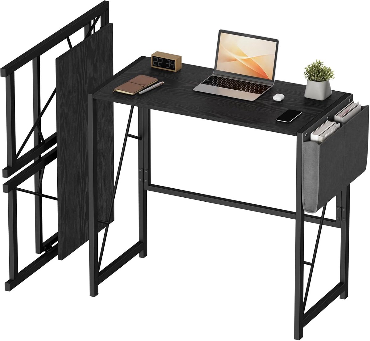 Inklapbaar Bureau 80x40 cm - Opvouwbare Computertafel voor Thuiswerkplek & Kleine Ruimtes - Compacte Laptoptafel met Opbergvak & Haken - Geen Montage - Zwart