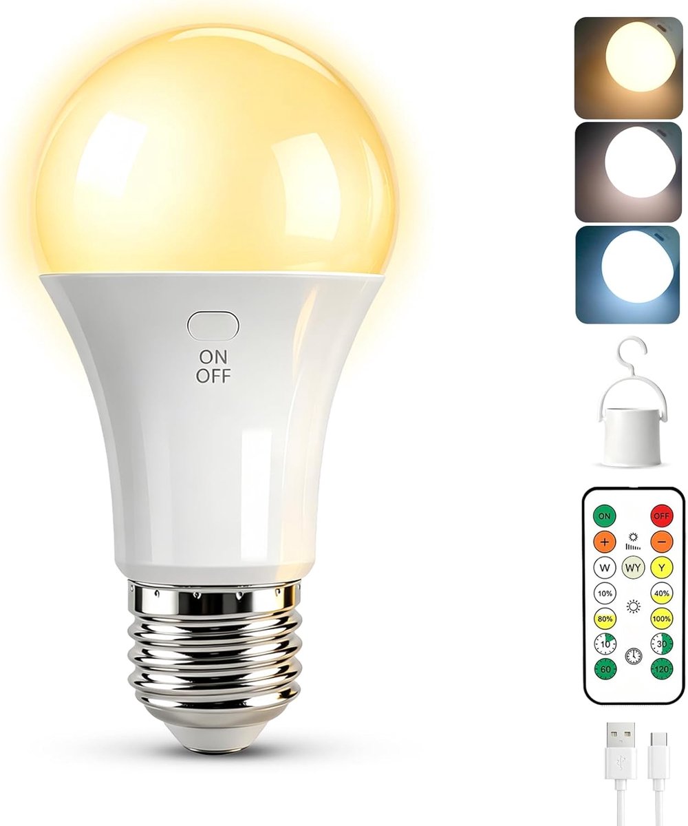 SnelShoppen - Oplaadbare LED Lamp 2600 mAh met Afstandsbediening, Dimbaar en Timerfunctie, E27, 7W, 3 Kleuren, Ideaal voor Buiten, Camping en Noodverl