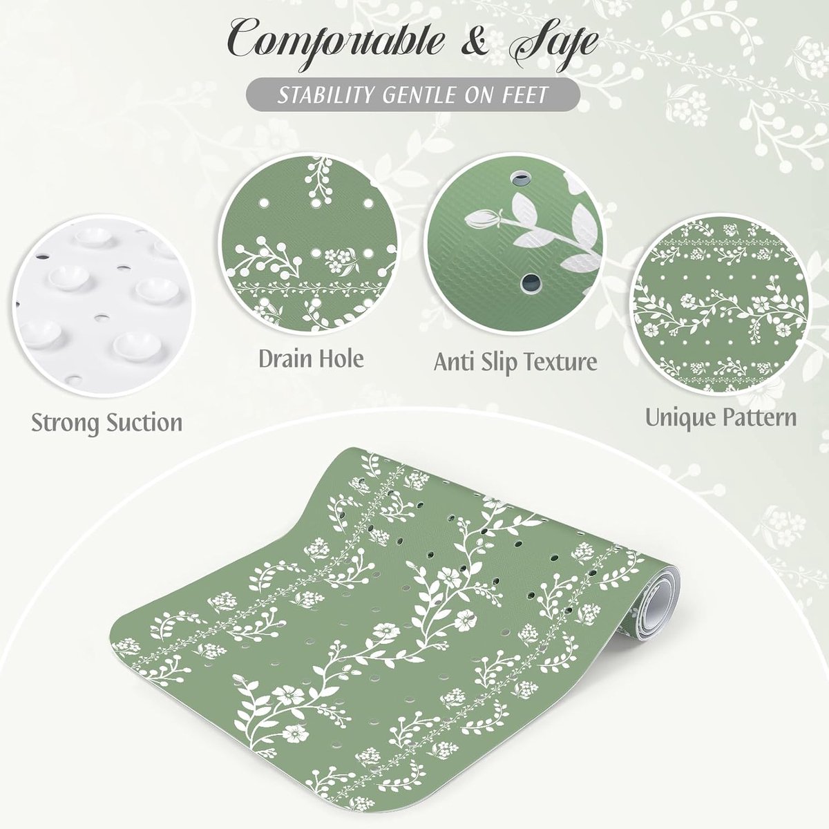 SnelShoppen - Luxe antislip badmat met zuignappen voor volwassenen en ouderen - Machinewasbare douchemat 100 x 40 cm - Sneldrogend saliegroen vintage