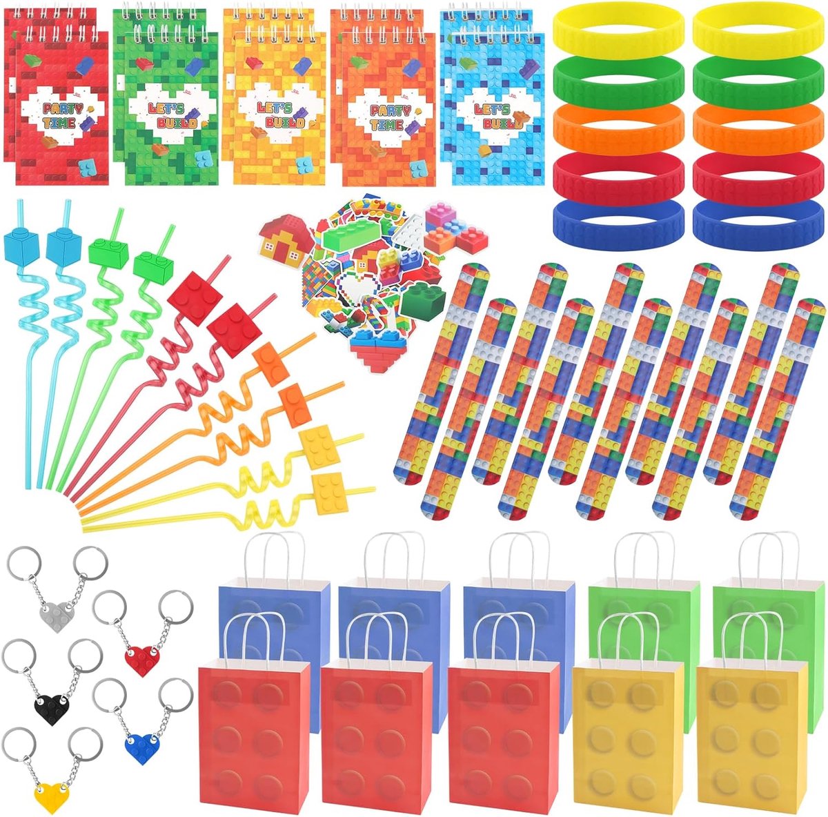 SnelShoppen - Building Blocks Party Set voor Kinderen - 10 Notebooks, 10 Herbruikbare Rietjes, Sleutelhangers, Siliconen Armbanden, Stickers & Paper B