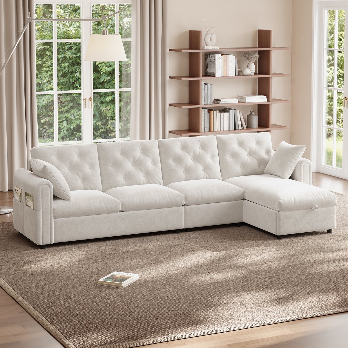 Sofa - L-vormig fluwelen 4-zits met opbergruimte, links/rechts verplaatsbaar, magazinetassen & knoopsteek - 281 x 132 x 86 cm - Beige