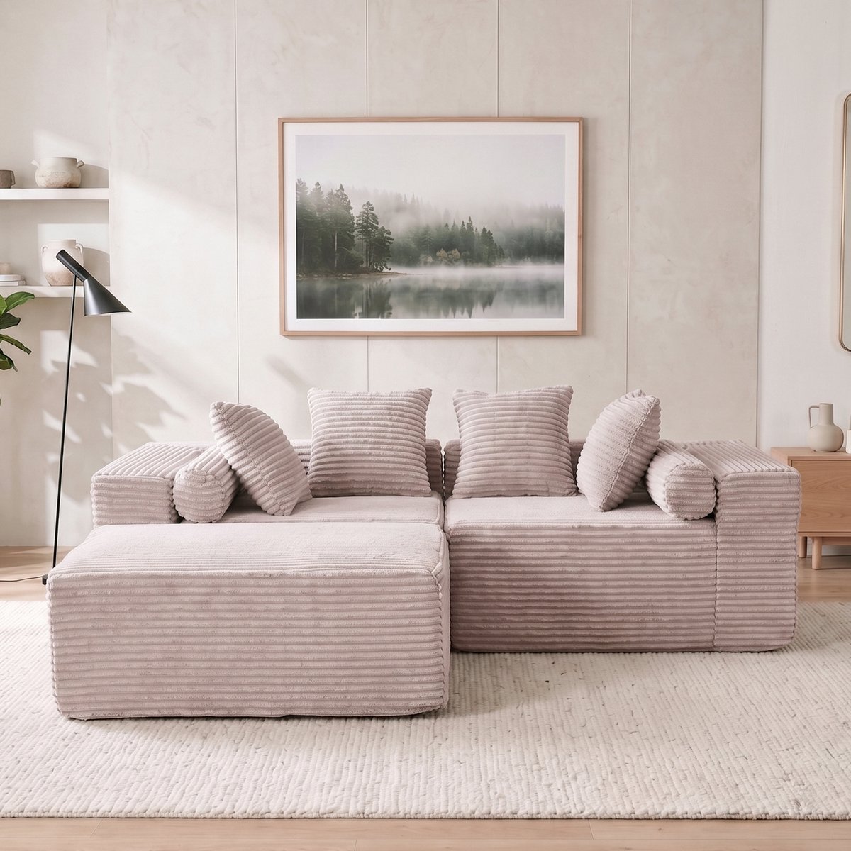 Modulaire Hoekbank L Vormige Loungebank Met Chaise Longue En Zachte Chenille Voor Woonkamer En Slaapkamer Beige
