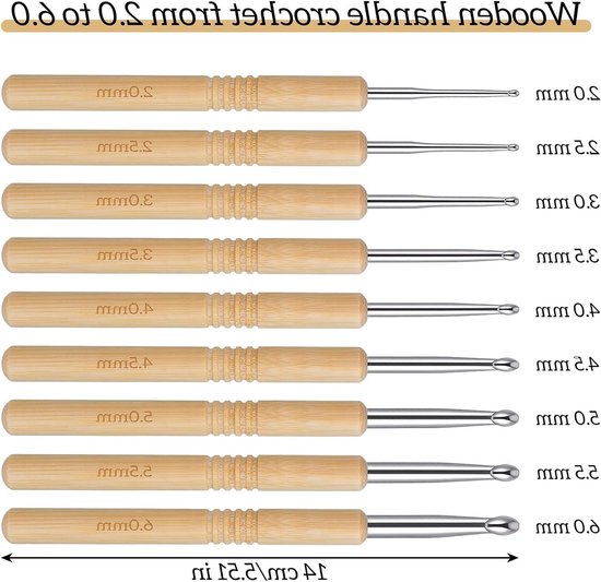 9-delige Haaknaalden Set met Houten Handvatten - Ergonomische Breinaalden voor Beginners (2.0/2.5/3.0/3.5/4.0/4.5/5.0/5.5/6mm) - Ideaal voor Haken en Breien — afbeelding 5