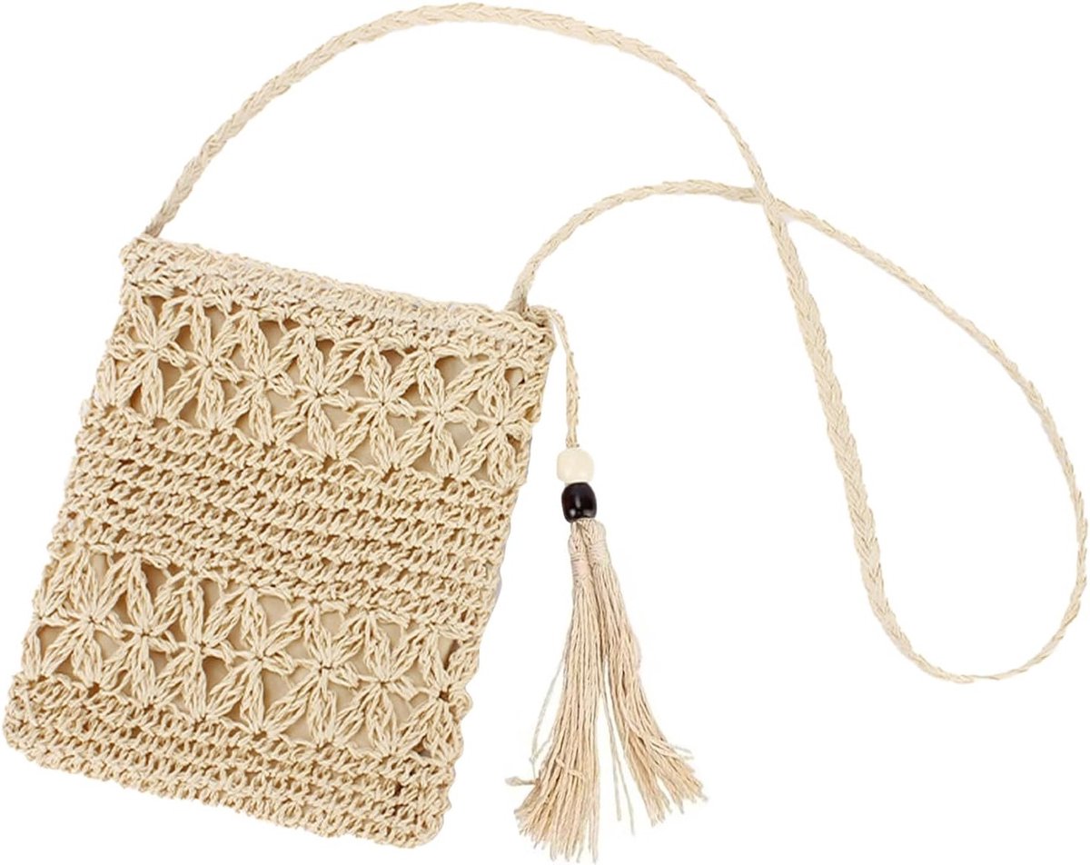 Vrouwen Schoudertas van Stro met Kwastjes - Handgemaakte Woven Boho Retro Strandtas voor Zomer en Vakantie Reizen