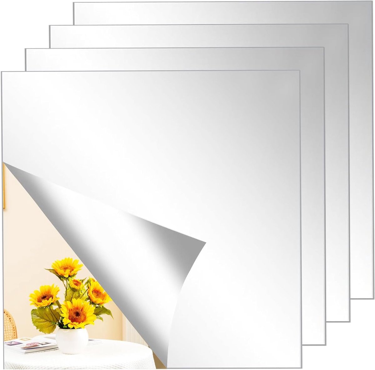 Set van 4 zelfklevende spiegels 20 x 20 cm, acryl, 2 mm dik, wanddecoratie voor badkamer, woonkamer en slaapkamer, plakspiegels voor eenvoudig gebruik