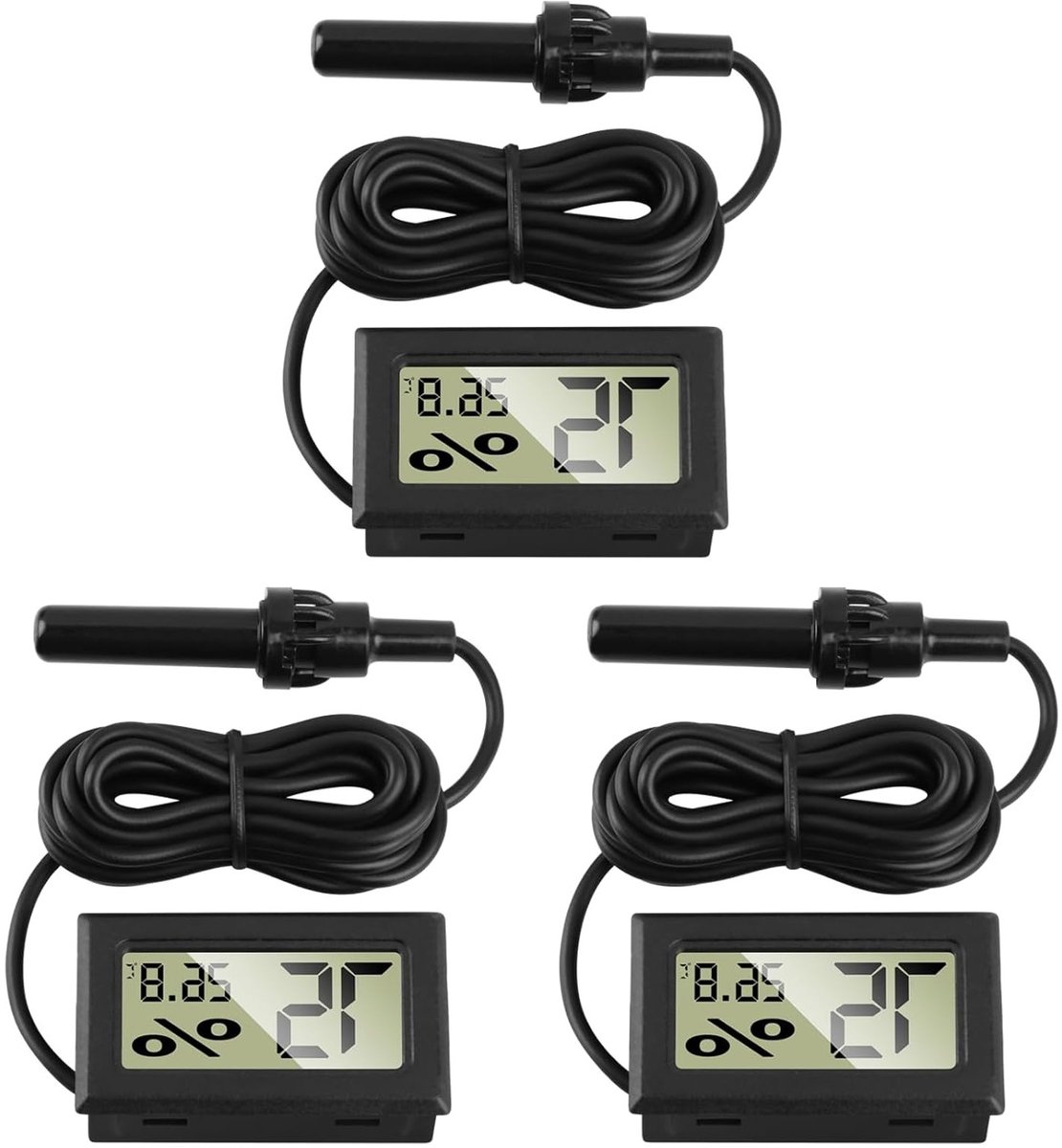 Set van 3 digitale thermometers en hygrometer met externe sonde voor aquarium en reptielen, temperatuur- en luchtvochtigheidsmeter -50 tot 70 °C en 10 tot 90% luchtvochtigheid