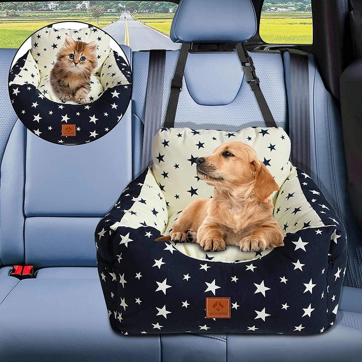 Hondenautostoel 2 in 1, Wasbaar en Vlekbestendig, Veiligheidszitje voor Kleine en Middelgrote Honden en Katten, Superzacht met Opbergtas en Harnas, Ideaal voor Reizen