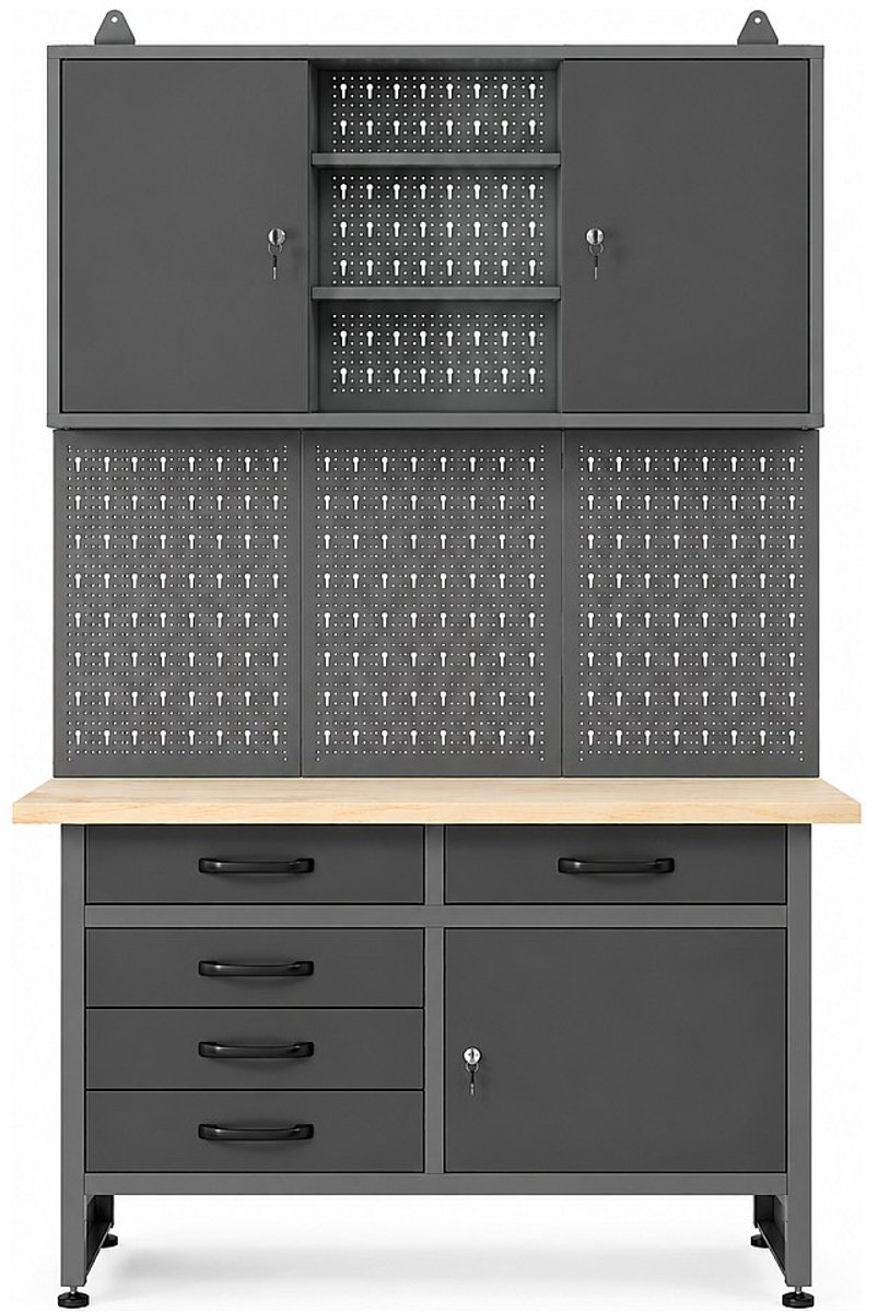 Vente-unique Werkbank met houten werkblad, geperforeerd paneel en stalen wandkast - B120 x D60 x H205 cm - Grijs BRICANO