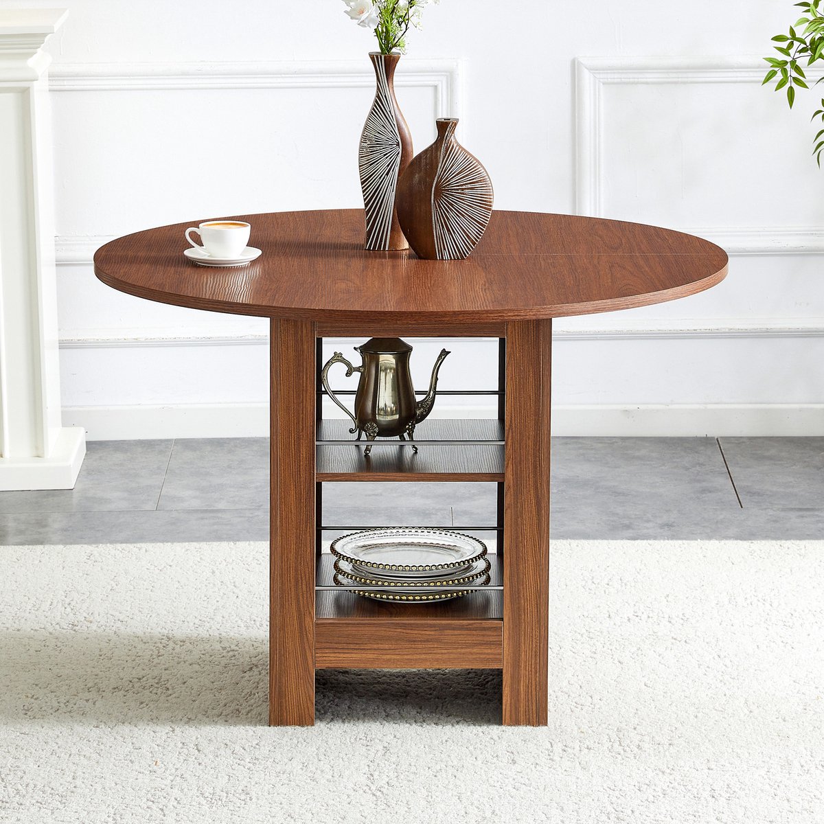 Ronde Eettafel - Open Opbergvakken - Voor 4 Tot 6 Personen - Woonkamer En Eetkamer - MDF - Walnoot - 100 Cm