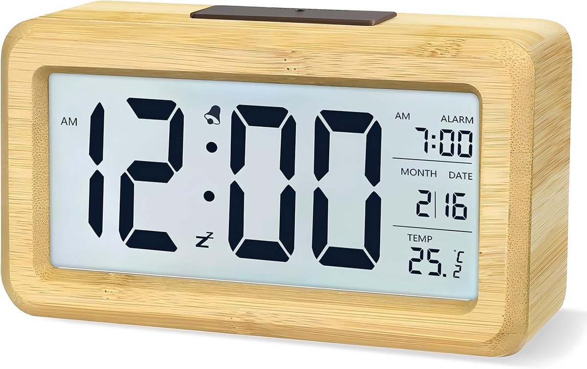 SnelShoppen - Digitale Houten Alarmklok met Groot LCD Scherm, Temperatuurweergave, Snoozefunctie, Helderheidssensor, 3 AAA Batterijen – Bamboo Design