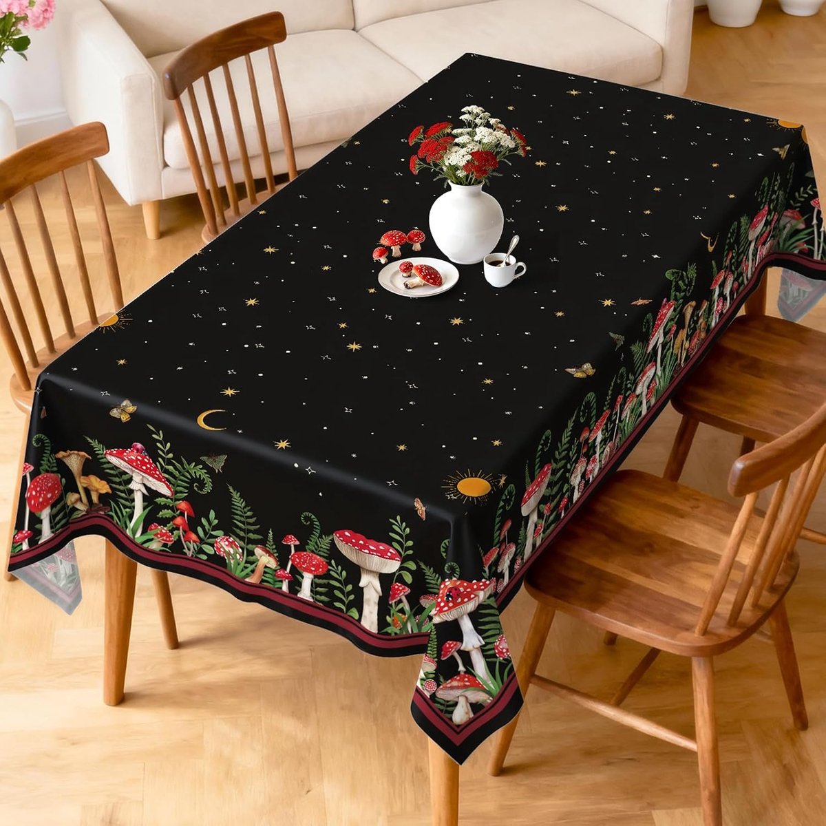 SnelShoppen - Boho Paddenstoel Tafelkleed Waterdicht Rechthoekig 152 x 213 cm | Vlekbestendig Wasbaar Tafelkleed voor Feest, Picknick, Bruiloft, Buite