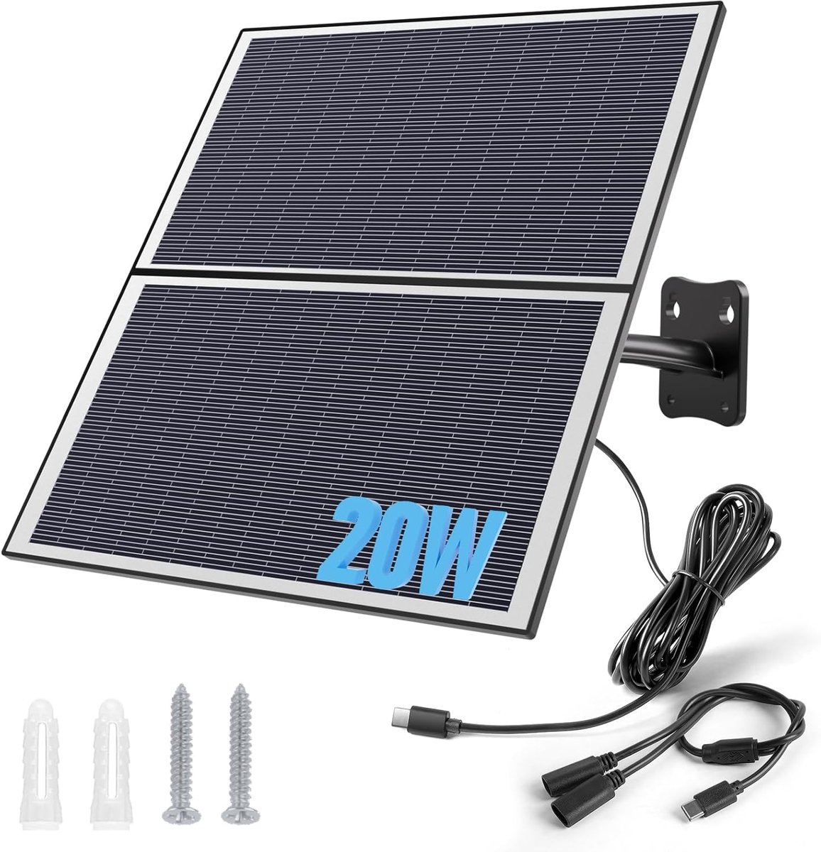 SnelShoppen - 20W Zonnepaneel Type-C voor Beveiligingscamera's Buiten | 3m Verlengkabel | Universele Bevestiging | Zwart | Geschikt voor Zonnecamera's