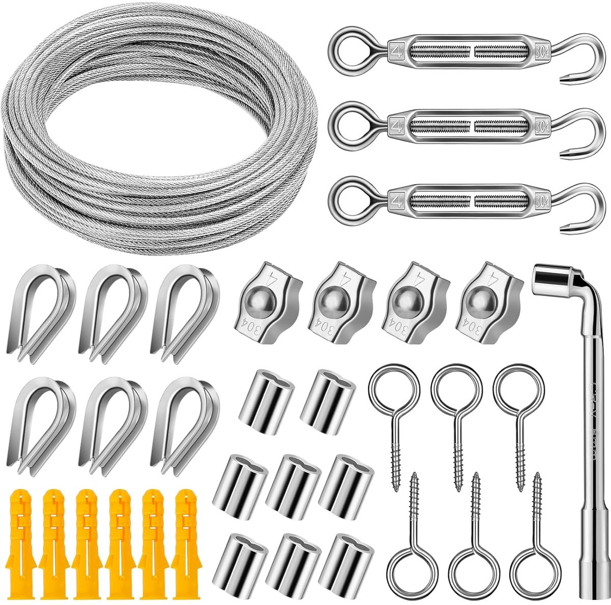 SnelShoppen - 3 mm Draad Touwset, RVS PVC Gecoat, 20 m Tensioner Set voor Klimplanten, Kledinglijn, Zonnescherm, Tuin en Omheining