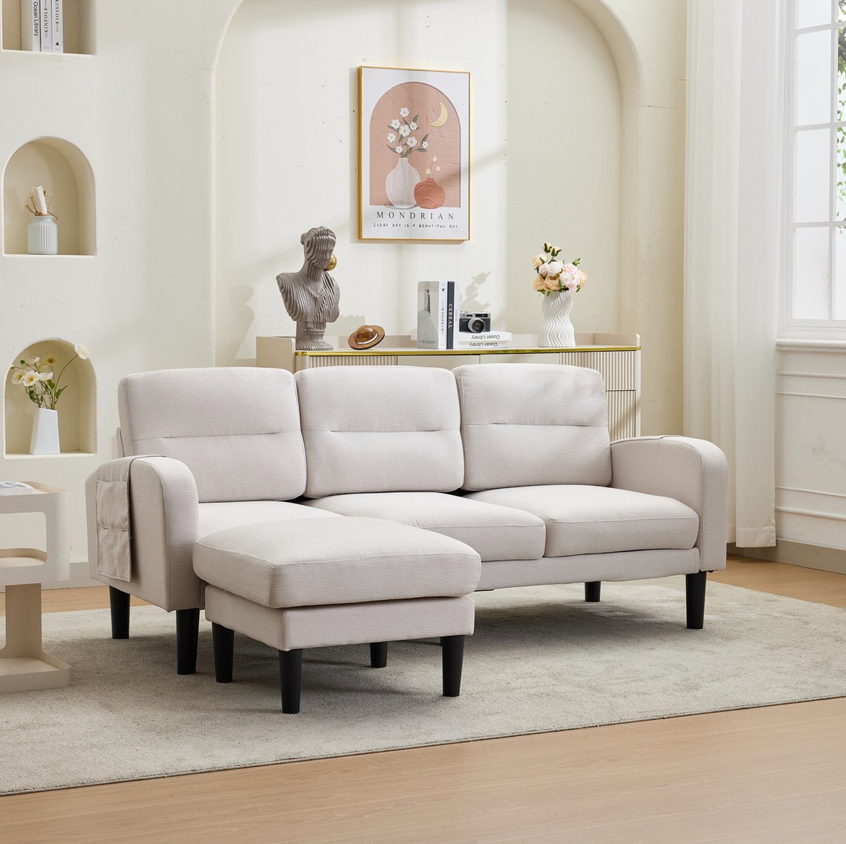 MIVRAY Hoekbank 204 x 136 x 80 cm - 3-Zits Met Chaise Longue En Opbergvakken - Voor Woonkamer - Stoffen Bekleding Beige