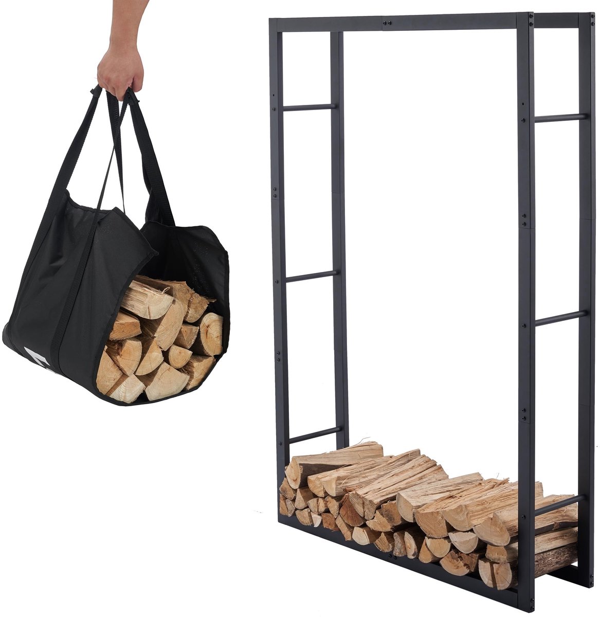 Dailygoods- Brandhoutrek Stevige Constructie - Houtopslag Binnen - Houtopslag Buiten - Draagtas - Hoogwaardig Gepoederd Staal - Afmetingen 100x25x148cm