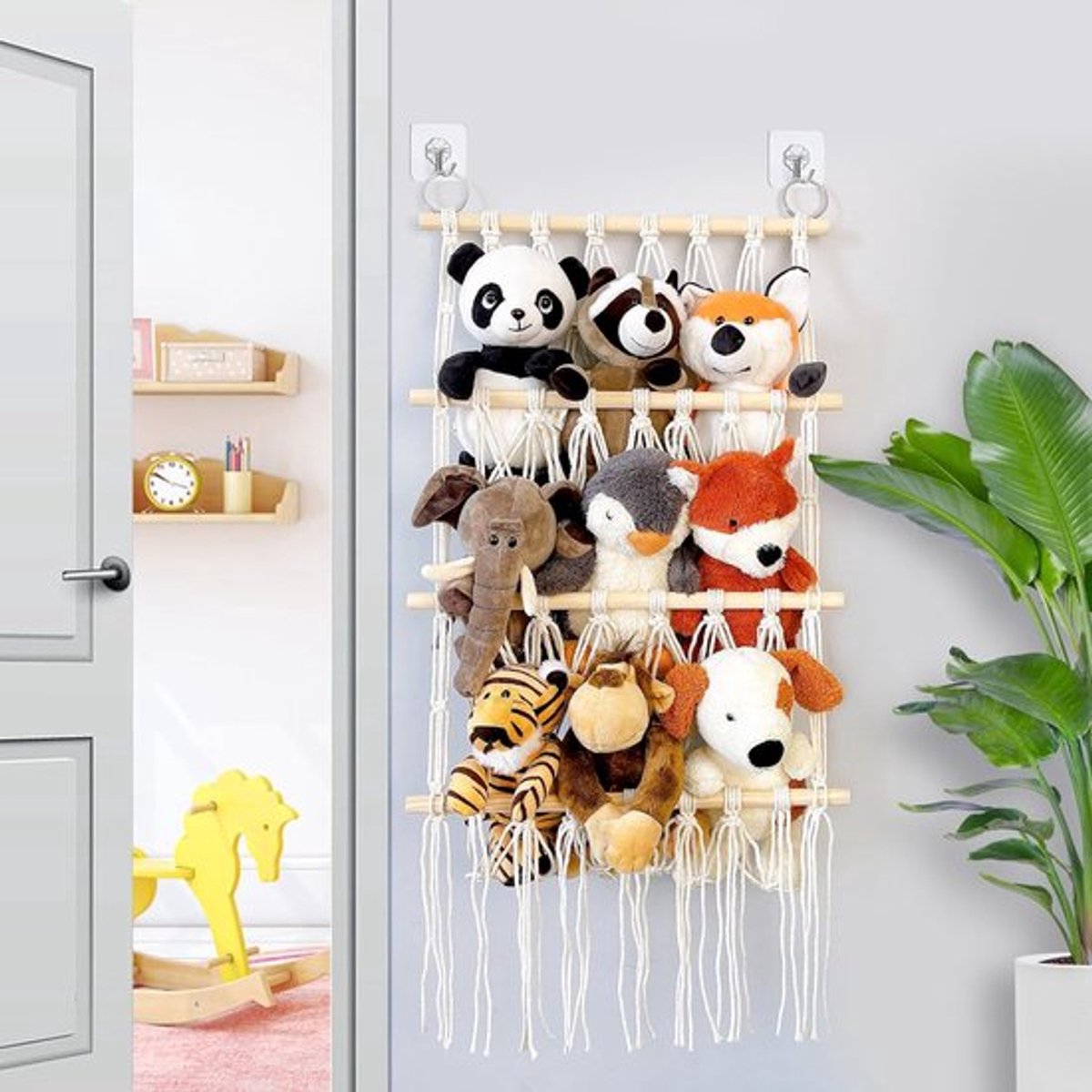 Knuffelopbergnet - Drie niveaus knuffelhangnet - Speelgoedopberger met 2 plakhaken - Kinderkamer - Woonkamer - Slaapkamer