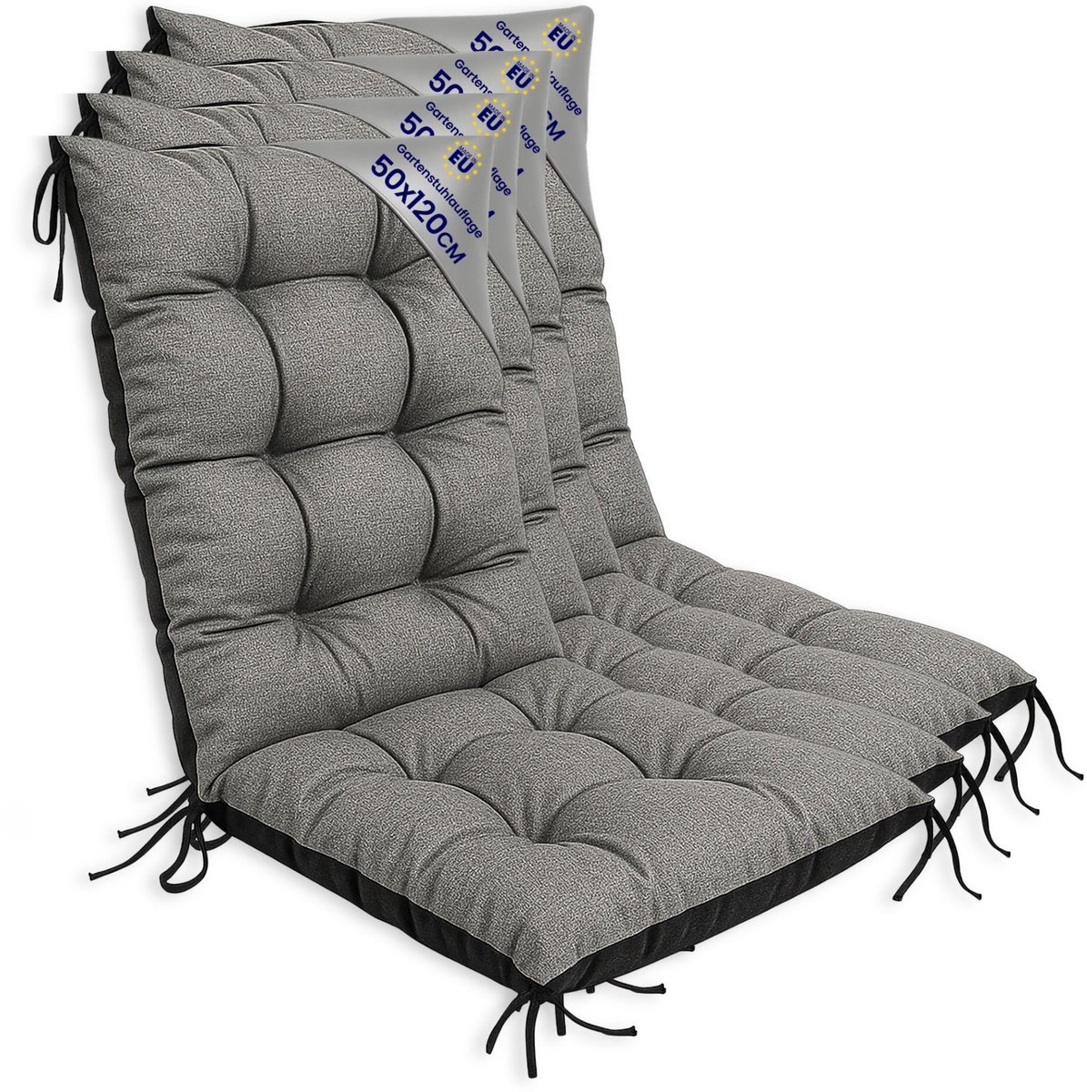 Tuinstoelkussens Hoge Rug Set: 4x 50x120 cm - Kussens voor Tuinstoelen & Standenstoel Terrasstoel Grijs Eco linnen Stoelkussens Tuin Zitkussen Extra Dik 10 cm met Bindlinten