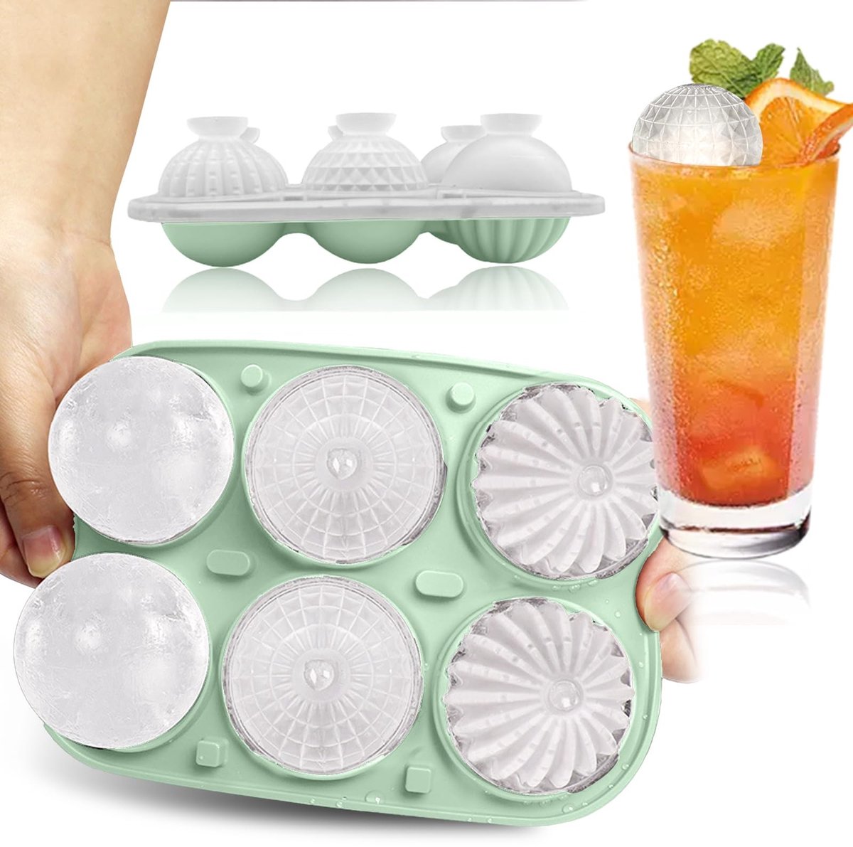 Dailygoods - IJsblokjesvorm van siliconen, 6 vakken, ijsblokjesvorm met deksel, grote Death Star, ronde cactus, ijsblokjesvorm, herbruikbare ijsblokjesvorm voor cocktails, whisky, ijsthee, lichtgroen