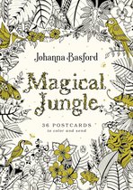 Johanna Basford Magical Jungle: 36 postcards om in te kleuren en te versturen, omringd door gedetailleerde junglebladeren, bloemen, een papegaai, een toekan, een tijger, een panter, een vlinder en een kikker.