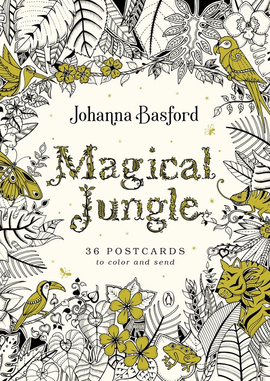 Johanna Basford Magical Jungle: 36 postcards om in te kleuren en te versturen, omringd door gedetailleerde junglebladeren, bloemen, een papegaai, een toekan, een tijger, een panter, een vlinder en een kikker.