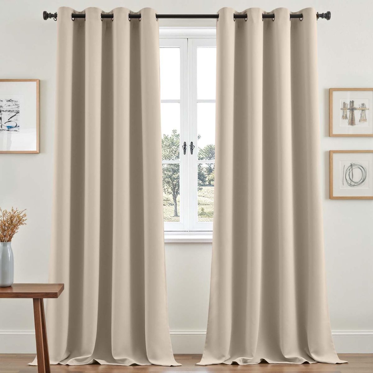 Gordijnen, ondoorzichtig, met inslagringen, H 245 x B 140 cm, set van 2 gordijnen, beige, voor woonkamer, slaapkamer, kinderkamer, verduisteringsgordijn, modern gordijn met inslagringen