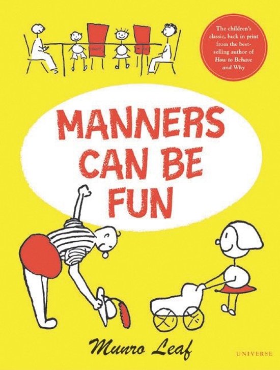 Boek "Manners Can Be Fun" met gele kaft en rode tekst. Bevat illustraties van een familie aan tafel en kinderen met een kinderwagen.