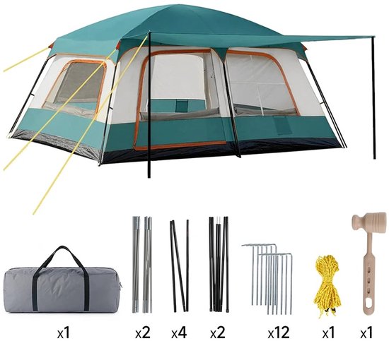 VIEMAE Tent - Kampeertent - Familietent - Tent 4 personen - Inclusief opbergtas, luifel & accessoires - 320x210x180cm - Groen — afbeelding 5