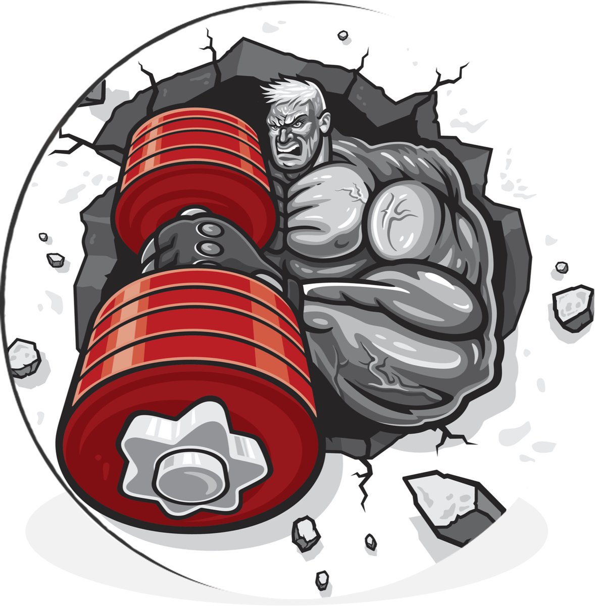 WallCircle - Wandcirkel - Muurcirkel - Een illustratie van een bodybuilder met een rode halter - Aluminium - Dibond - 90x90 cm - Binnen en Buiten