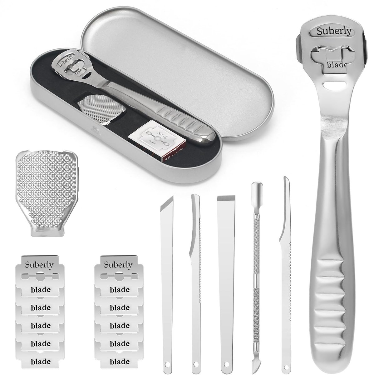 Dailygoods - 17 stuks eeltschaaf, voetschraper, professioneel, roestvrij staal, eeltschaaf, voetverzorging, eeltverwijderaar met 10 reservemesjes en doos, pedicureset voor handvoeten (zilver)