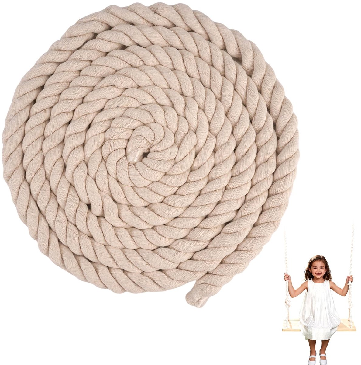 Dailygoods - Katoenen garen, 20 mm, 4 m katoenen koord, 3 strengen, dicht geweven katoenen touw, macramégaren, 20 mm voor decoratie, doe-het-zelf knutselwerk, handwerk, tuinieren, cadeauverpakking (beige)