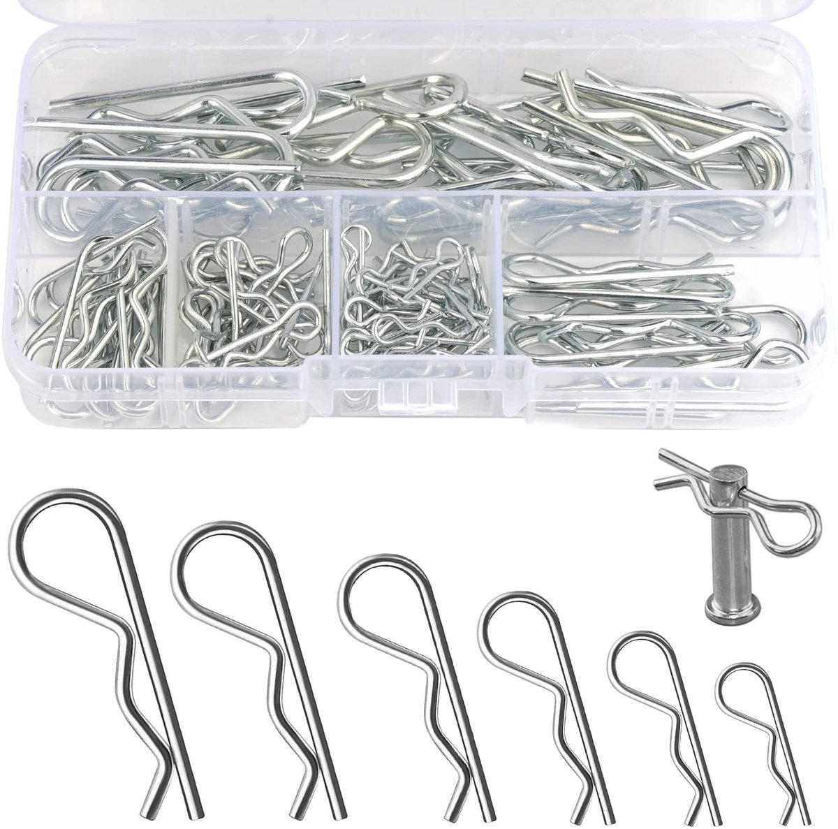 Dailygoods- Splinten Assortiment 100 Stuks - Roestvrijstalen Splinten - R-Clip Elastische Splinten - Geveerde Splinten - Koolstofstaal en Verenstaal - Afmetingen Pakket 13 x 7 x 2,2 cm - Bevestigingspennen