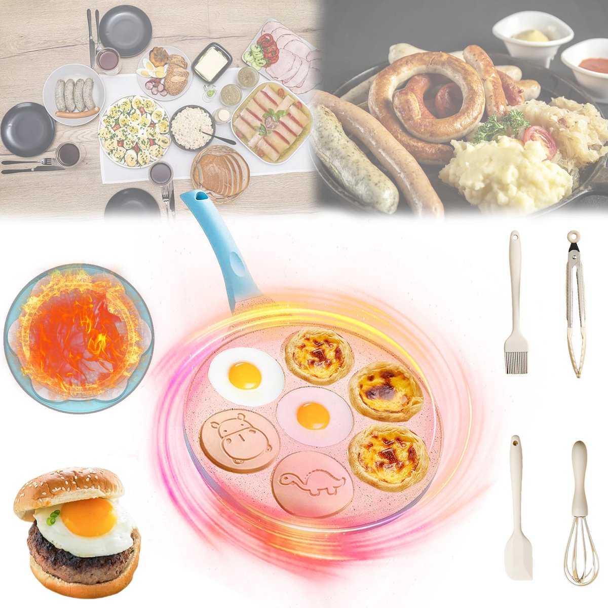 Pannenkoekenpan - TENZHVXI® - 7 dierenvormen - Geschikt voor gasfornuis en keramische/elektrische kookplaat - Aluminium - Diameter pan 26,5 cm, diameter pannenkoek 8 cm - Witte bakaccessoires (set van 4) - Blauw