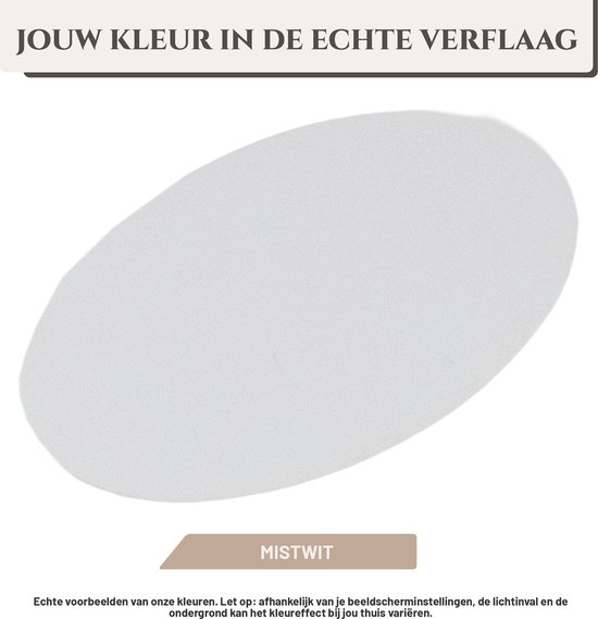 Staal van de kleur Mistwit in een ovale vorm op een witte achtergrond. Tekst: Jouw kleur in de echte verflaag.