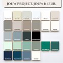 Overzicht van 28 kleurstalen met namen als Kasjmierwit, Leembruin en Steenkoolzwart. Tekst: Jouw project. Jouw kleur.